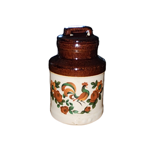 Stoneware ROOSTER CROCK Small Mini Drip Brown Red Green Floral Country - Picture 1 of 6